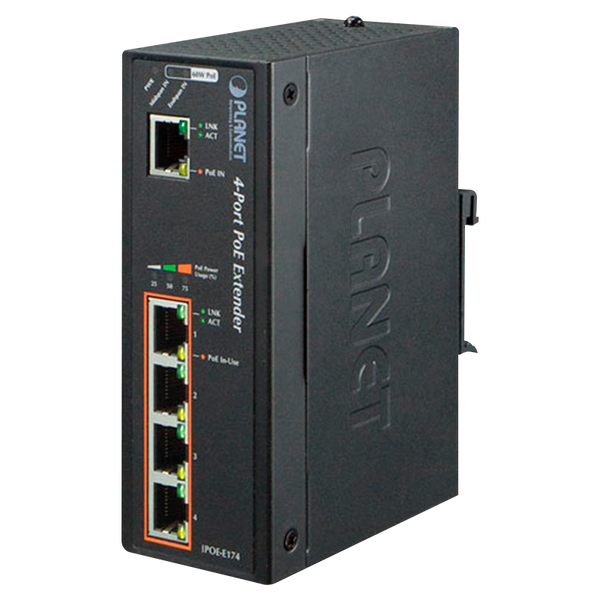 PLANET™ Industrial 1-Port Ultra PoE to 4-Port 802.3af/at Gigabit PoE Extender (64W) - DIN Rail [IPOE-E174]
